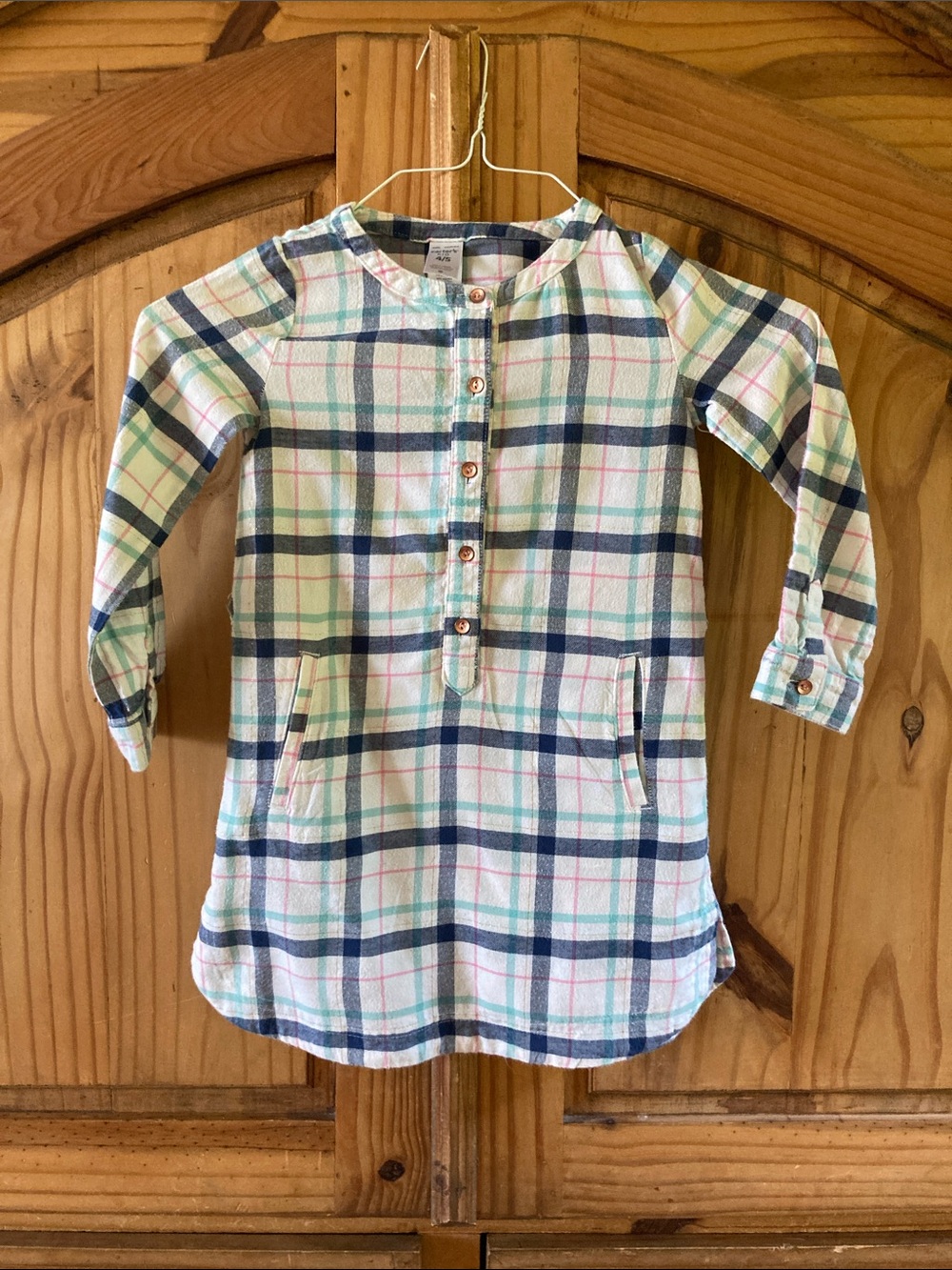 Girls Carter’s blue pink green gold plaid long sleeve dress size 4-5